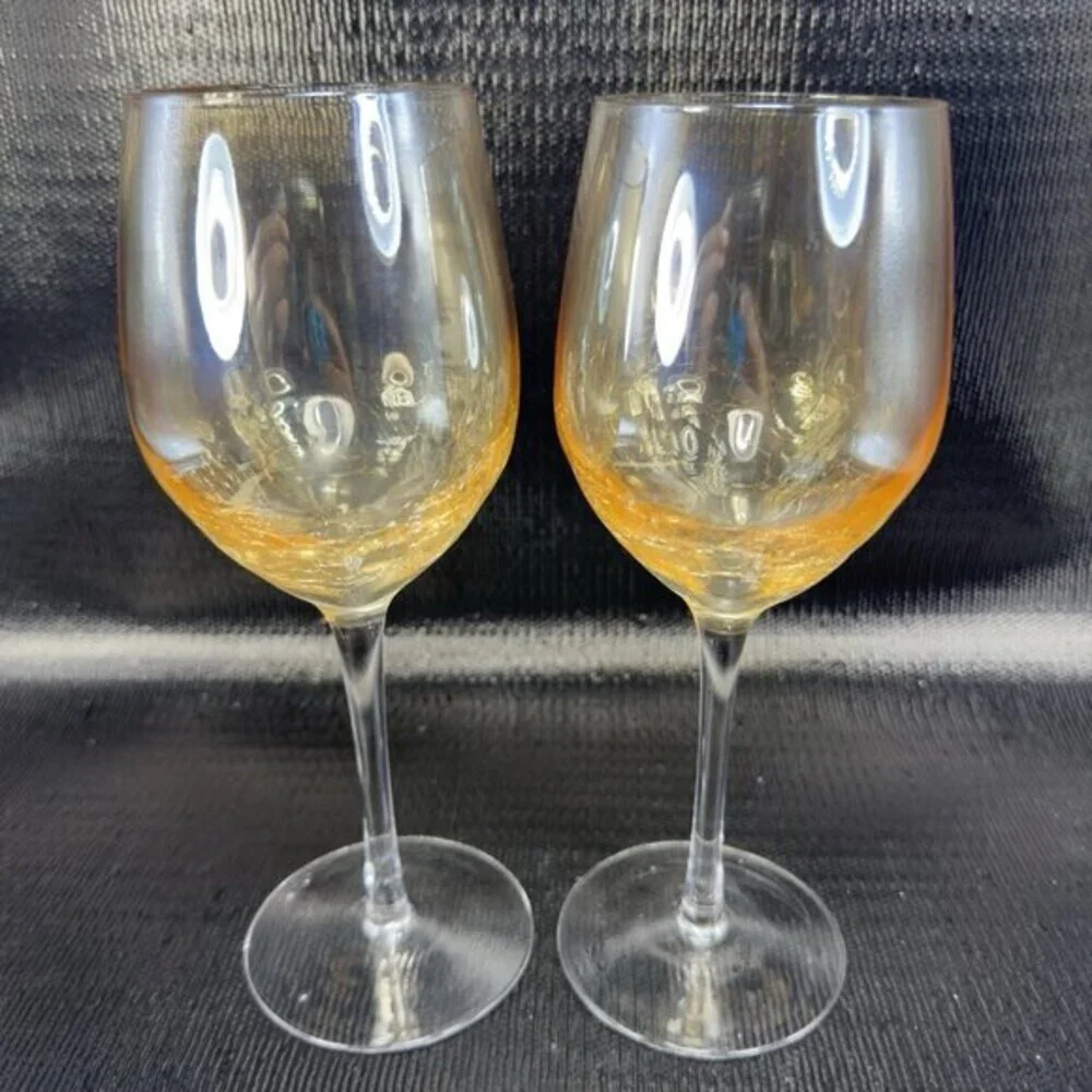 Pier 1 Crackle Glass Goblet Glasses Cups Stemware Gold Yellows Luster Finish VTG